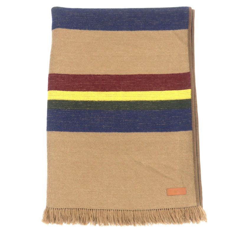 Hermes Camel Cashmere Goatskin Trimmed Leather Use Striped Fringed Blanket
