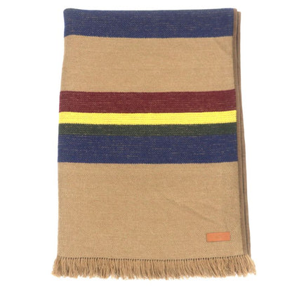 Hermes Camel Cashmere Goatskin Trimmed Leather Use Striped Fringed Blanket