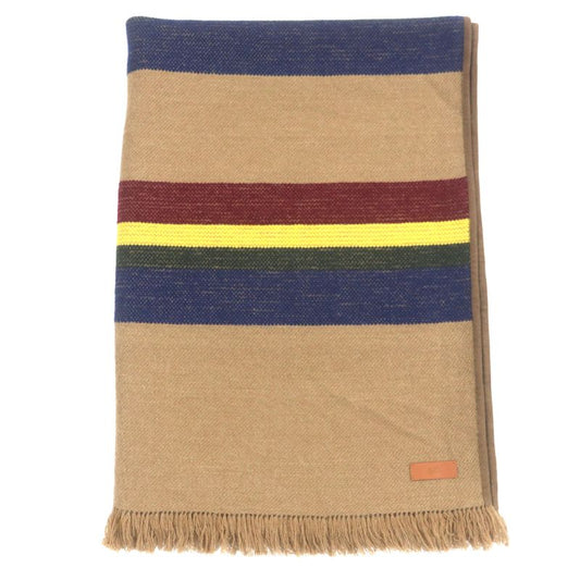 Hermes Camel Cashmere Goatskin Trimmed Leather Use Striped Fringed Blanket