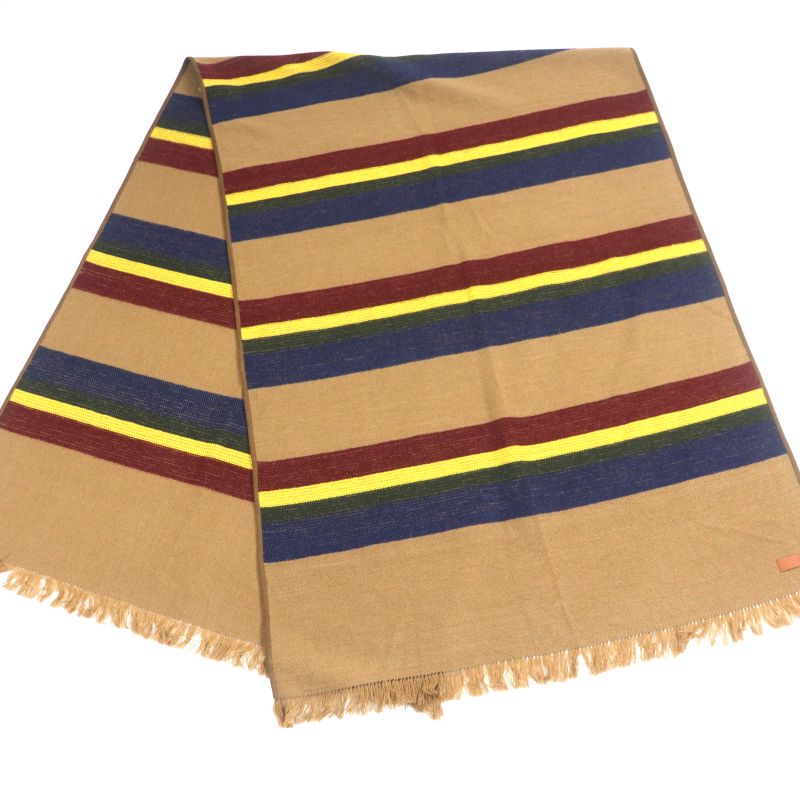 Hermes Camel Cashmere Goatskin Trimmed Leather Use Striped Fringed Blanket