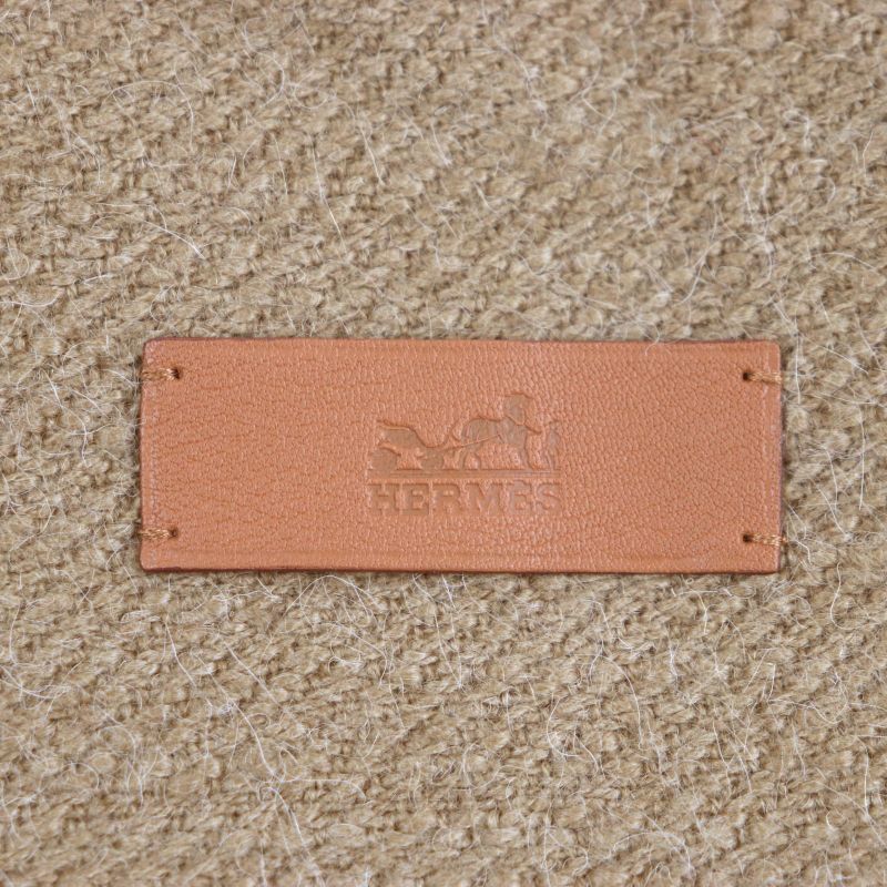 Hermes Camel Cashmere Goatskin Trimmed Leather Use Striped Fringed Blanket