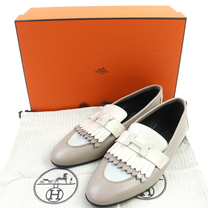 Hermes 232136z Royale H Logo Moccasin Leather Loafers Beige 36 Storage With Bag