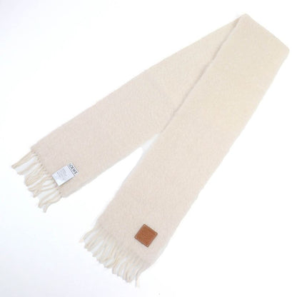 LOEWE F655254x01 Mohair Wool Anagram Logo Leather Patch Fringed Scarf Beige