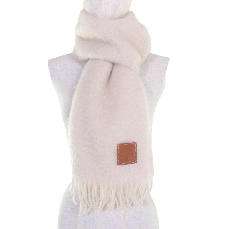 LOEWE F655254x01 Mohair Wool Anagram Logo Leather Patch Fringed Scarf Beige