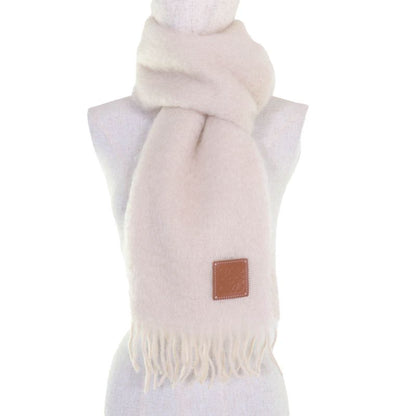 LOEWE F655254x01 Mohair Wool Anagram Logo Leather Patch Fringed Scarf Beige