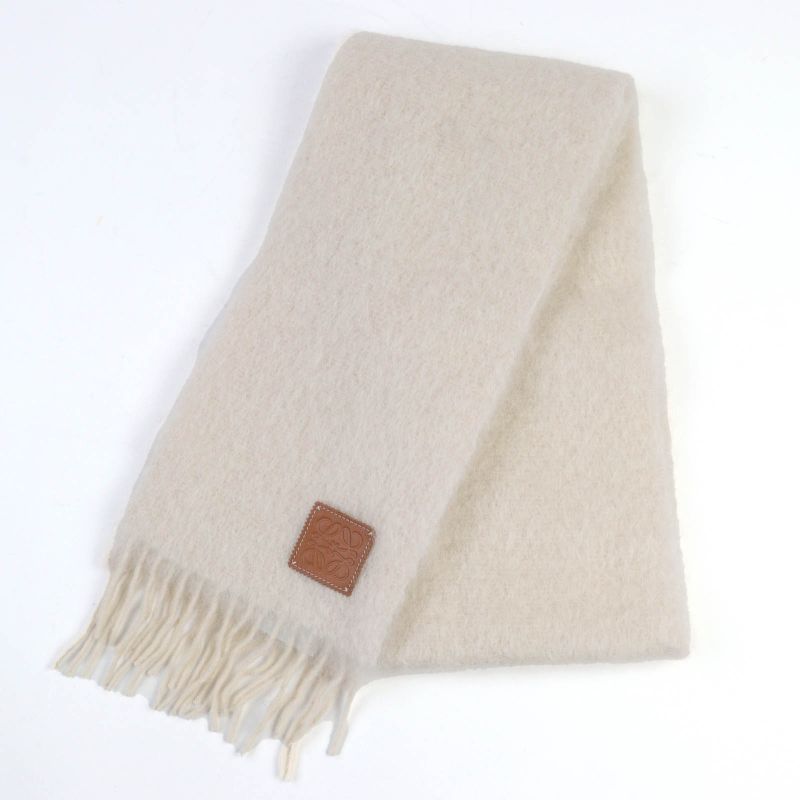 LOEWE F655254x01 Mohair Wool Anagram Logo Leather Patch Fringed Scarf Beige