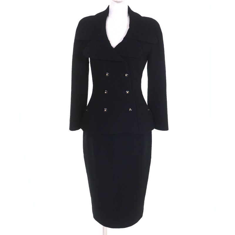 CHANEL Vintage 95A P05816 Coco Mark Button Wool Tweed Jacket Skirt Setup Black