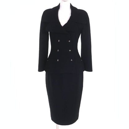 CHANEL Vintage 95A P05816 Coco Mark Button Wool Tweed Jacket Skirt Setup Black