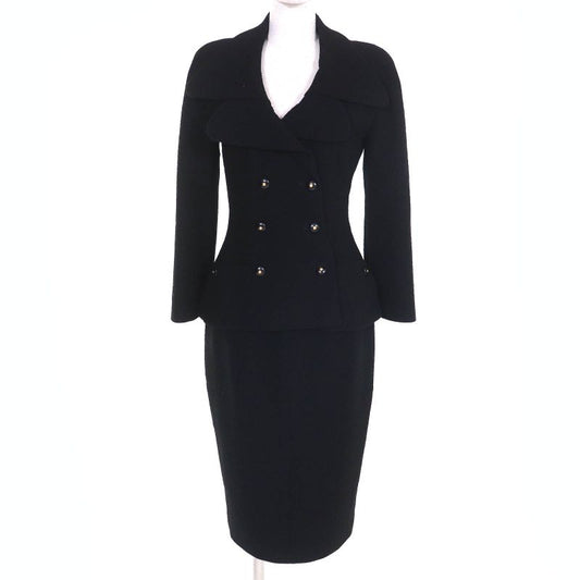 CHANEL Vintage 95A P05816 Coco Mark Button Wool Tweed Jacket Skirt Setup Black