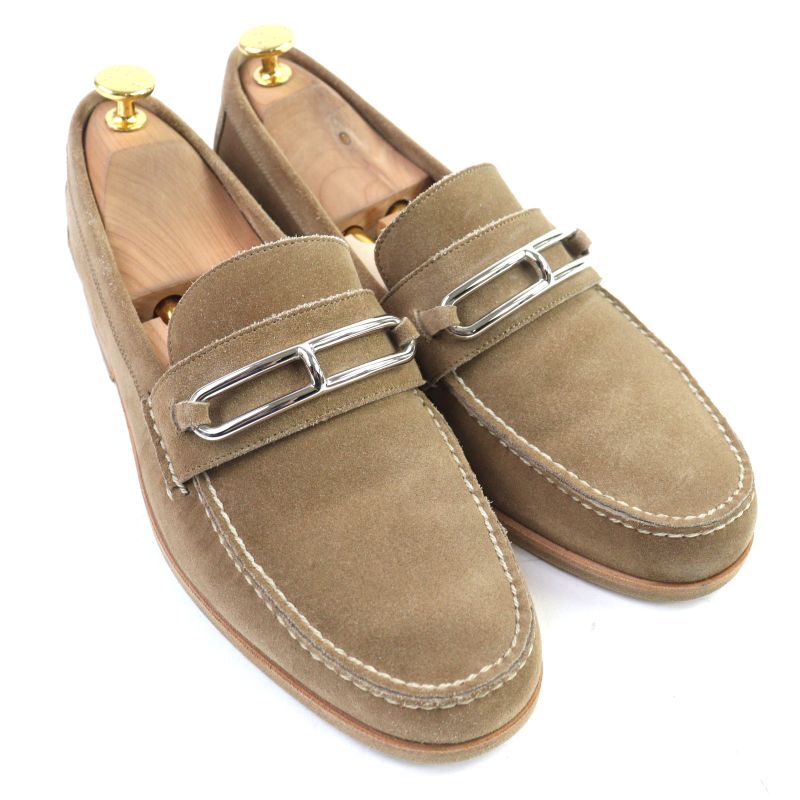 Hermes Suede Leather Luli Buckle Moccasin Sewing Loafers Beige 40 With Box And