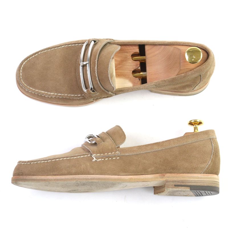 Hermes Suede Leather Luli Buckle Moccasin Sewing Loafers Beige 40 With Box And
