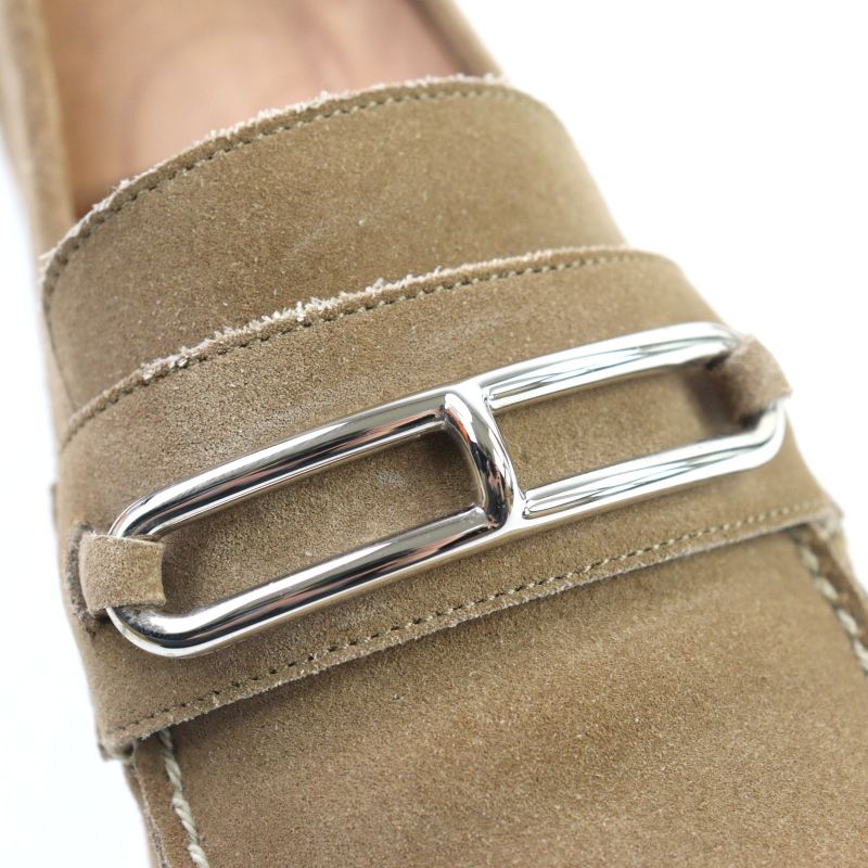 Hermes Suede Leather Luli Buckle Moccasin Sewing Loafers Beige 40 With Box And