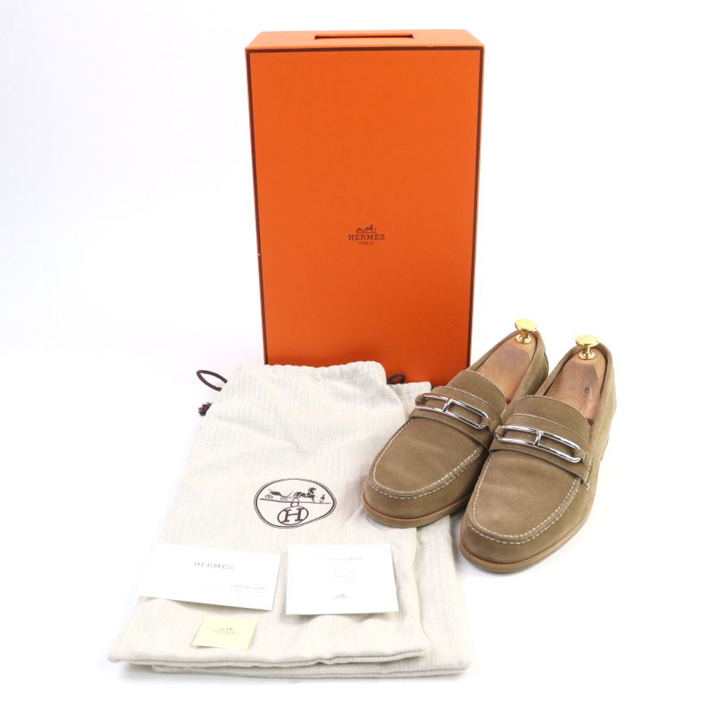 Hermes Suede Leather Luli Buckle Moccasin Sewing Loafers Beige 40 With Box And