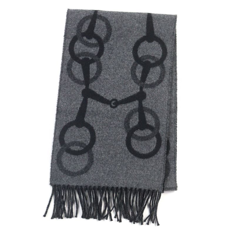 Hermes Enny Moll 100% Cashmere Flannel Gris Cine Cles Jacquard Weave Horse Bit
