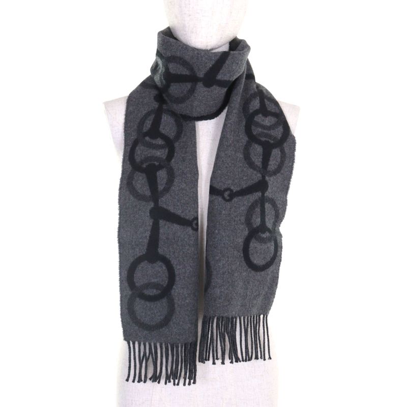 Hermes Enny Moll 100% Cashmere Flannel Gris Cine Cles Jacquard Weave Horse Bit