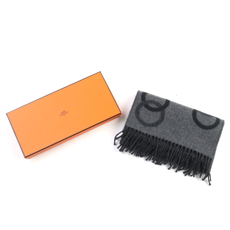 Hermes Enny Moll 100% Cashmere Flannel Gris Cine Cles Jacquard Weave Horse Bit