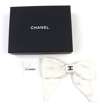 CHANEL 24P 100% Silk Coco Mark Ribbon Barrette Hair Accessory Off White Black