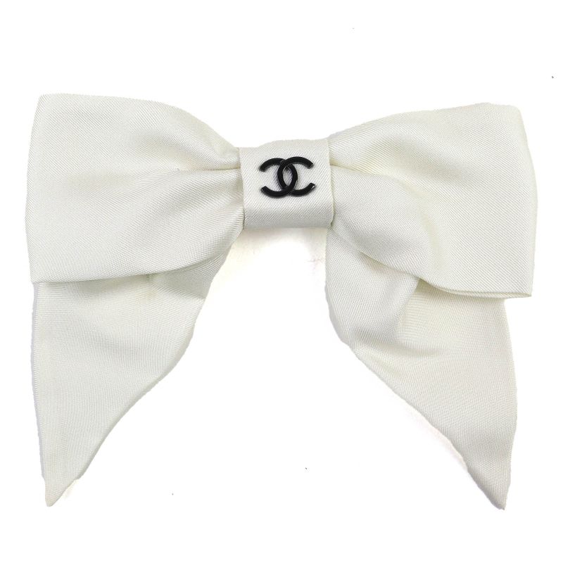 CHANEL 24P 100% Silk Coco Mark Ribbon Barrette Hair Accessory Off White Black