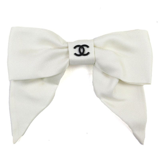 CHANEL 24P 100% Silk Coco Mark Ribbon Barrette Hair Accessory Off White Black