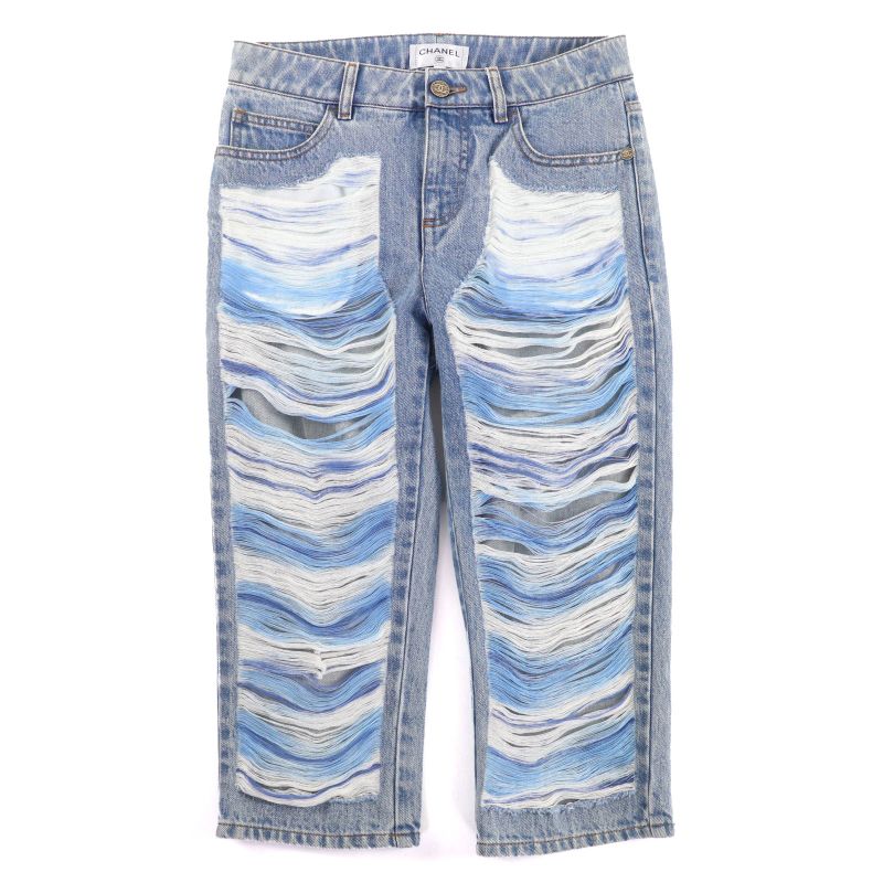 CHANEL P60217 Cotton Coco Mark Button Damaged Tulle Cropped Denim Pants