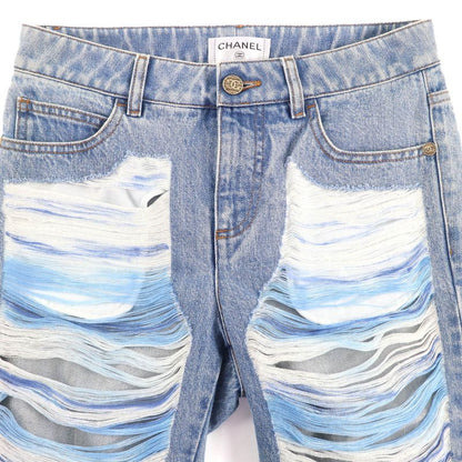 CHANEL P60217 Cotton Coco Mark Button Damaged Tulle Cropped Denim Pants