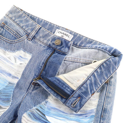 CHANEL P60217 Cotton Coco Mark Button Damaged Tulle Cropped Denim Pants