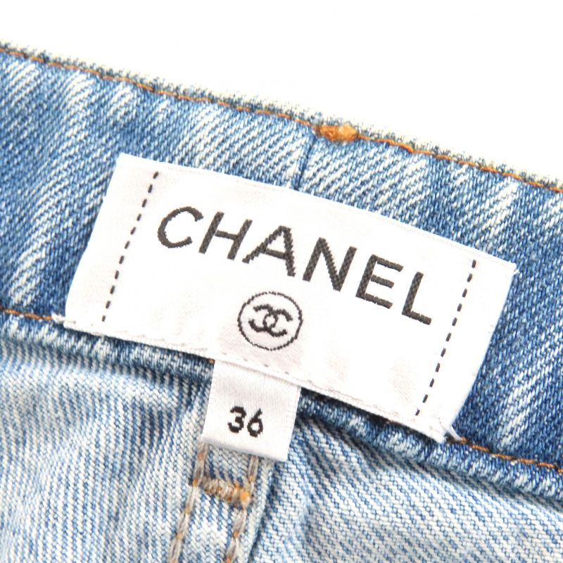 CHANEL P60217 Cotton Coco Mark Button Damaged Tulle Cropped Denim Pants