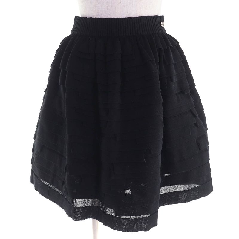 CHANEL P53208 Cotton Linen Coco Mark One Point Frill Design Mini Flared Skirt