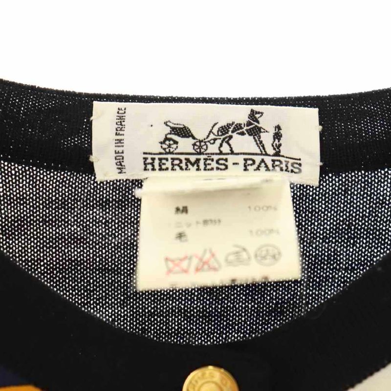 Hermes Serie Button Scarf Pattern Cardigan Knit Long Sleeves Wool Silk 38 Black