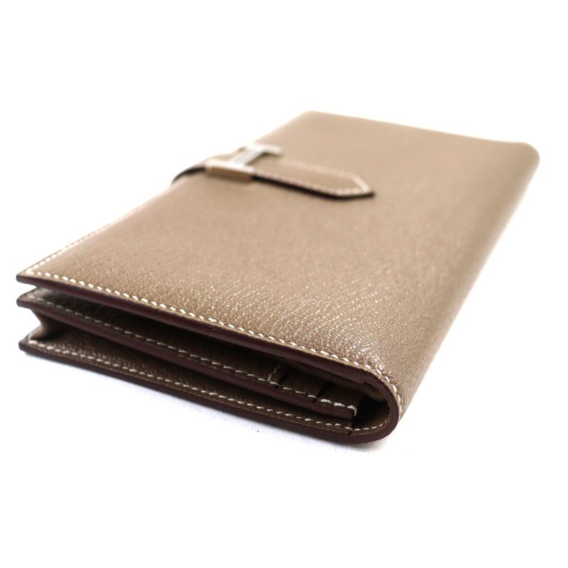Hermes Bearn Souffle Chevre Etoupe H Logo Silver Hardware Long Wallet Engraved