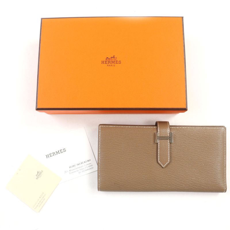 Hermes Bearn Souffle Chevre Etoupe H Logo Silver Hardware Long Wallet Engraved