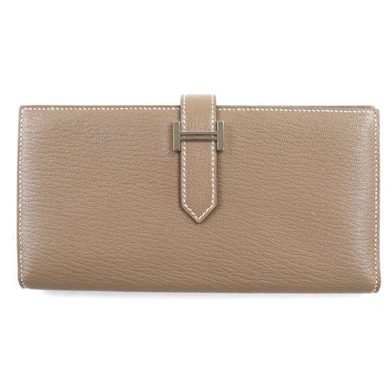 Hermes Bearn Souffle Chevre Etoupe H Logo Silver Hardware Long Wallet Engraved