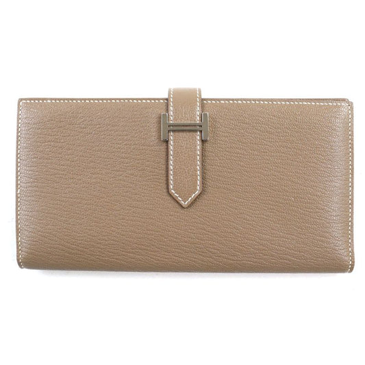 Hermes Bearn Souffle Chevre Etoupe H Logo Silver Hardware Long Wallet Engraved