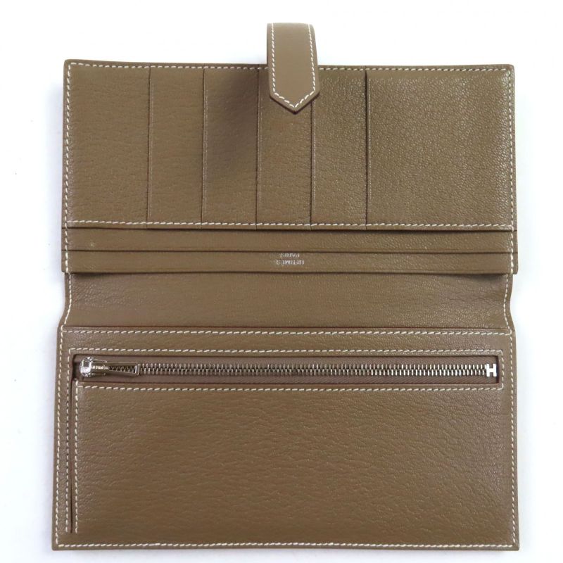 Hermes Bearn Souffle Chevre Etoupe H Logo Silver Hardware Long Wallet Engraved