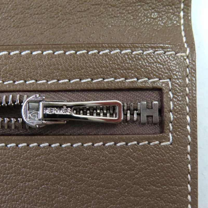 Hermes Bearn Souffle Chevre Etoupe H Logo Silver Hardware Long Wallet Engraved