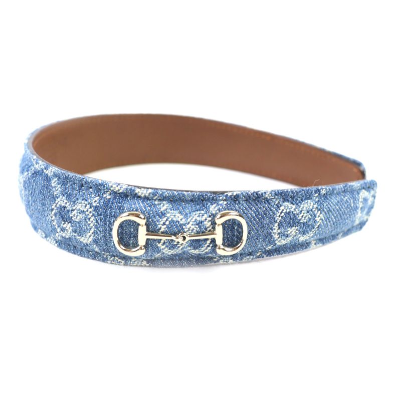 Gucci 836228 Leather Usage GG Denim Horsebit Headband Hair Accessory Indigo