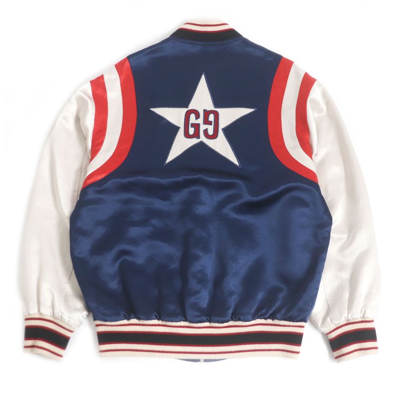 Gucci 19AW 575315 Double G Logo Patch Souvenir Jacket Stajan Blue And Red 44