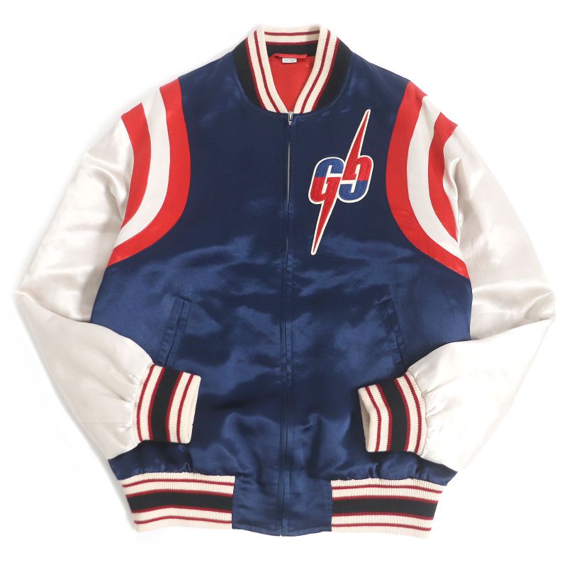 Gucci 19AW 575315 Double G Logo Patch Souvenir Jacket Stajan Blue And Red 44