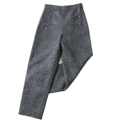 CHANEL P73635 100% Wool Tweed Long Pants With Coco Mark Buttons Gray And Black
