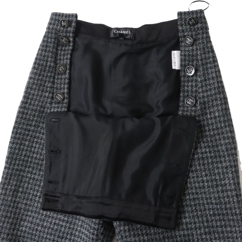 CHANEL P73635 100% Wool Tweed Long Pants With Coco Mark Buttons Gray And Black