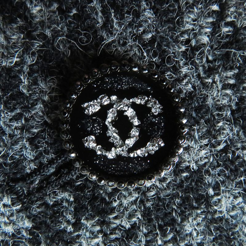 CHANEL P73635 100% Wool Tweed Long Pants With Coco Mark Buttons Gray And Black
