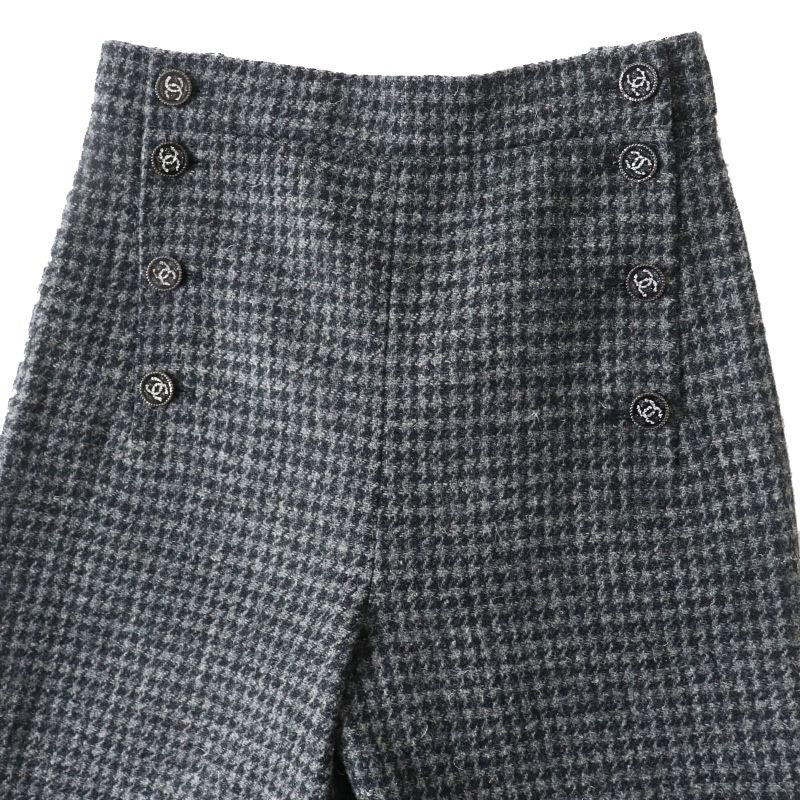 CHANEL P73635 100% Wool Tweed Long Pants With Coco Mark Buttons Gray And Black