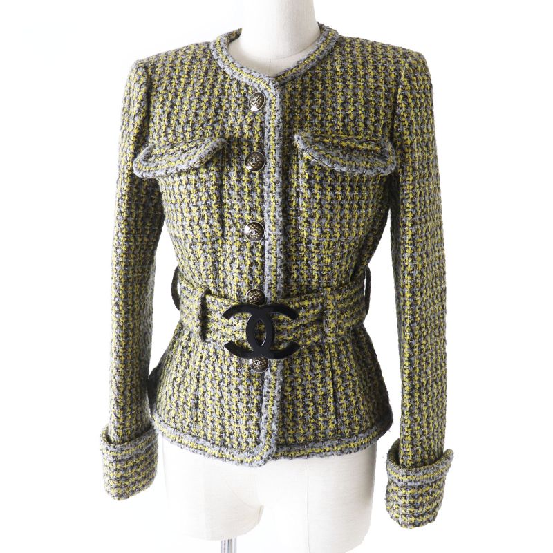 CHANEL P57148 Tweed Coat With Coco Mark Buttons And Coco Mark Belt Yellow And