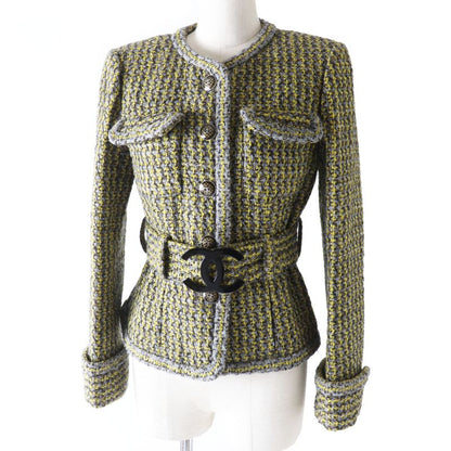 CHANEL P57148 Tweed Coat With Coco Mark Buttons And Coco Mark Belt Yellow And