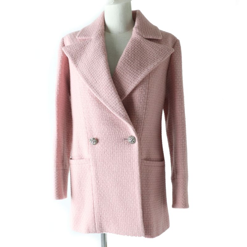 CHANEL 2022 P73600 Coco Mark Button Tweed Jacket With Stones Pink Lined Silk 36