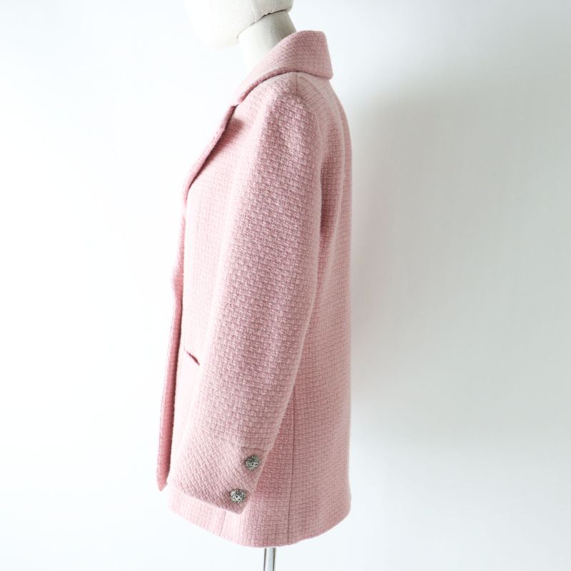 CHANEL 2022 P73600 Coco Mark Button Tweed Jacket With Stones Pink Lined Silk 36