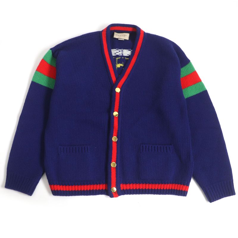 Gucci 676389 Wool 100th Anniversary Logo Webline Long Sleeve Knit Cardigan Blue