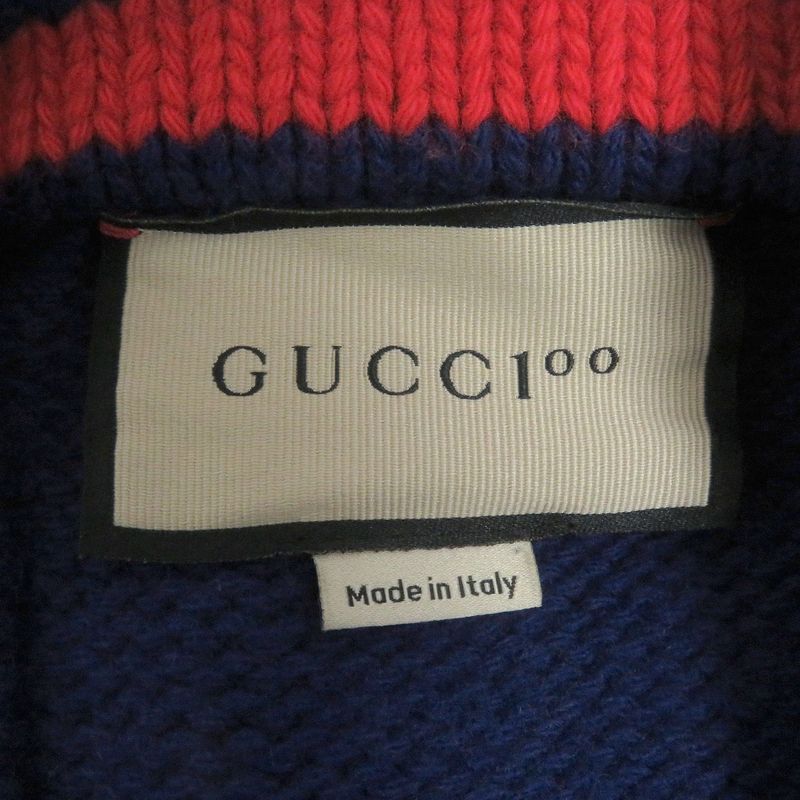 Gucci 676389 Wool 100th Anniversary Logo Webline Long Sleeve Knit Cardigan Blue