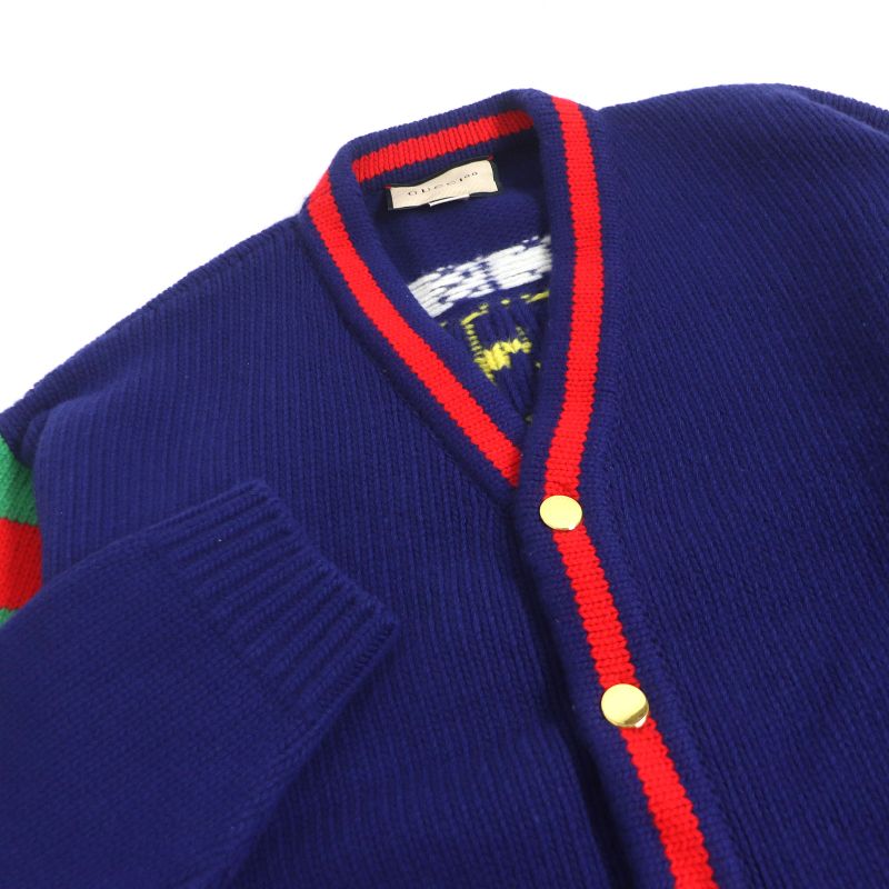 Gucci 676389 Wool 100th Anniversary Logo Webline Long Sleeve Knit Cardigan Blue