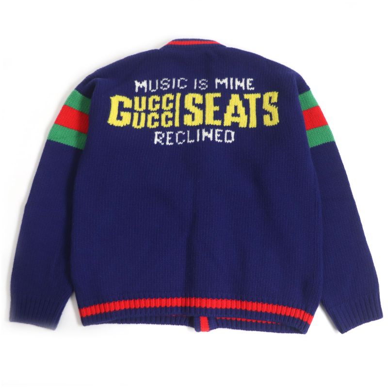 Gucci 676389 Wool 100th Anniversary Logo Webline Long Sleeve Knit Cardigan Blue